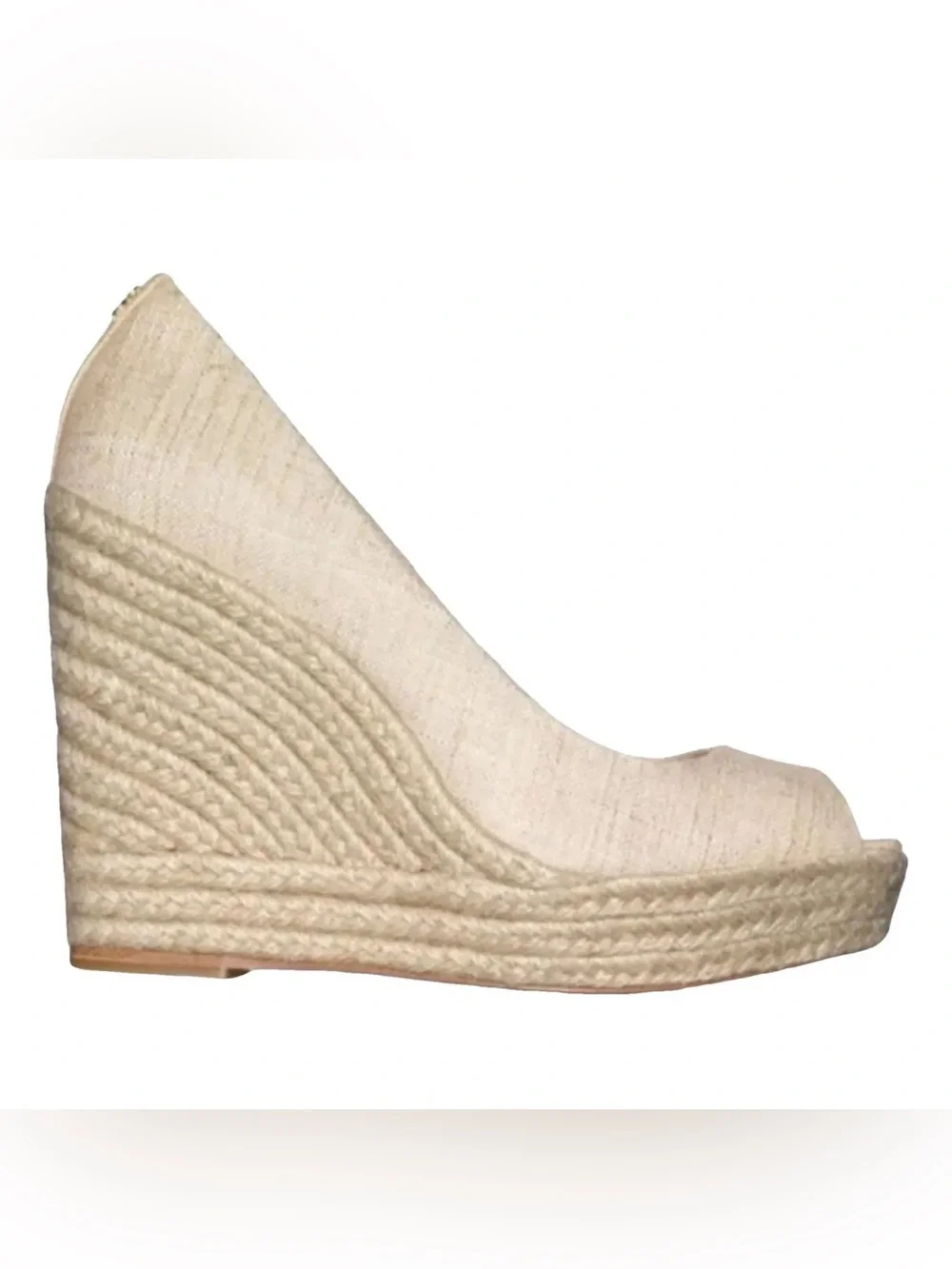 Coach Milan Espadrille Wedge Peep Toe Pumps Natural Linen Canvas Size 7.5B